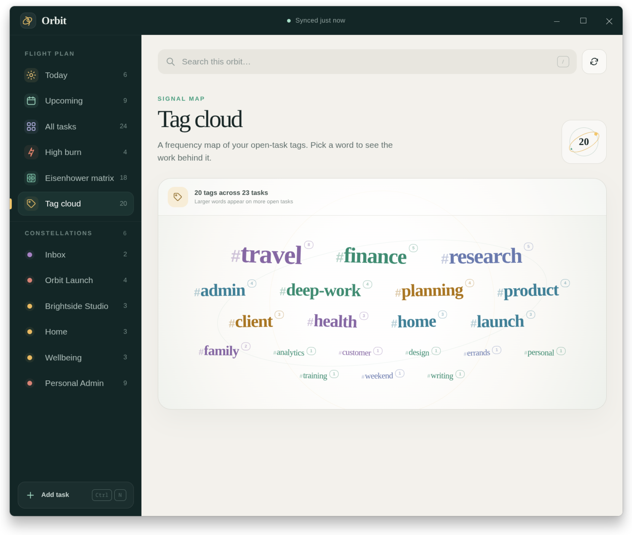 Orbit desktop task dashboard showing the tag cloud